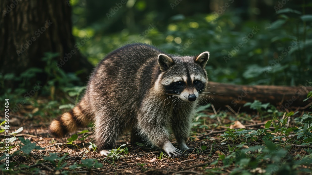 Obraz premium A raccoon exploring a lush forest environment.