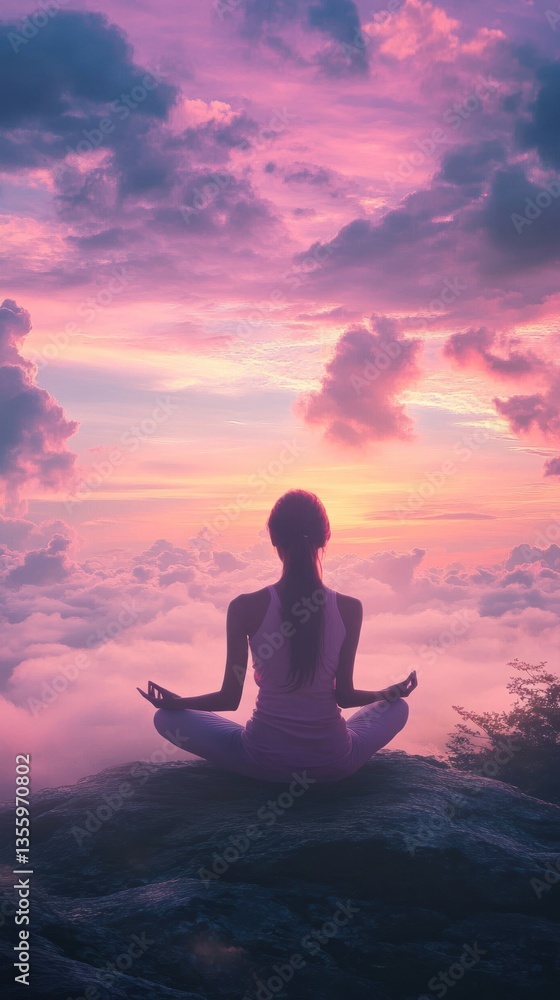 A person meditates on a mountaintop overlooking a beautiful sky A person meditates on a mountaintop overlooking a beautiful sky
