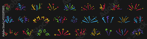 Colorful doodle confetti bursts collection. Fireworks explosions with stars and hearts. ribbon streamers hand drawn vector illustrations set. Festive party decorations, holiday design elements. Bright