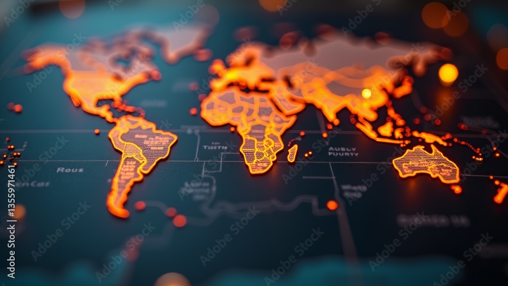 Obraz premium Glowing World Map On Black Background