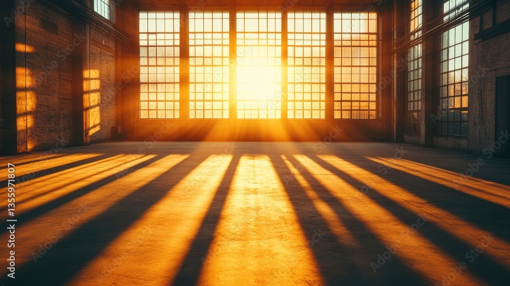 Golden Sunrise Illuminates Empty Industrial Space with Long Shadows Golden Sunrise Illuminates Empty Industrial Space with Long Shadows