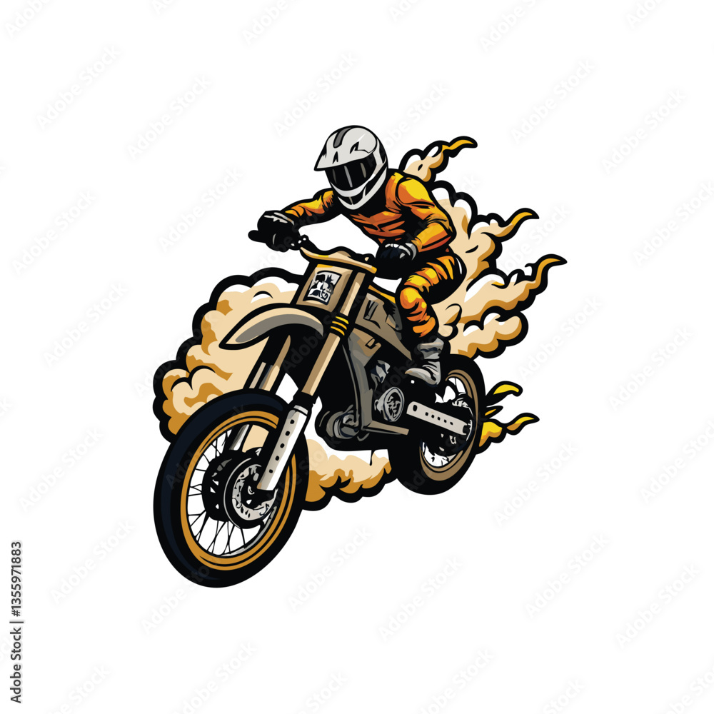 Create a vector illustration of a fierce motocross rider mid-air, performing a daring trick, showcasing intense focus and power. Create a vector illustration of a fierce motocross rider mid-air, performing a daring trick, showcasing intense focus and power.