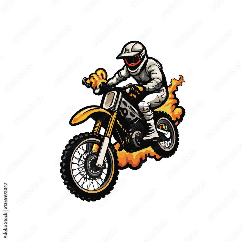 Create a vector illustration of a fierce motocross rider mid-air, showcasing dynamic movement and intense facial expression. Detailed bike and textured clothing are essential. Create a vector illustration of a fierce motocross rider mid-air, showcasing dynamic movement and intense facial expression. Detailed bike and textured clothing are essential.