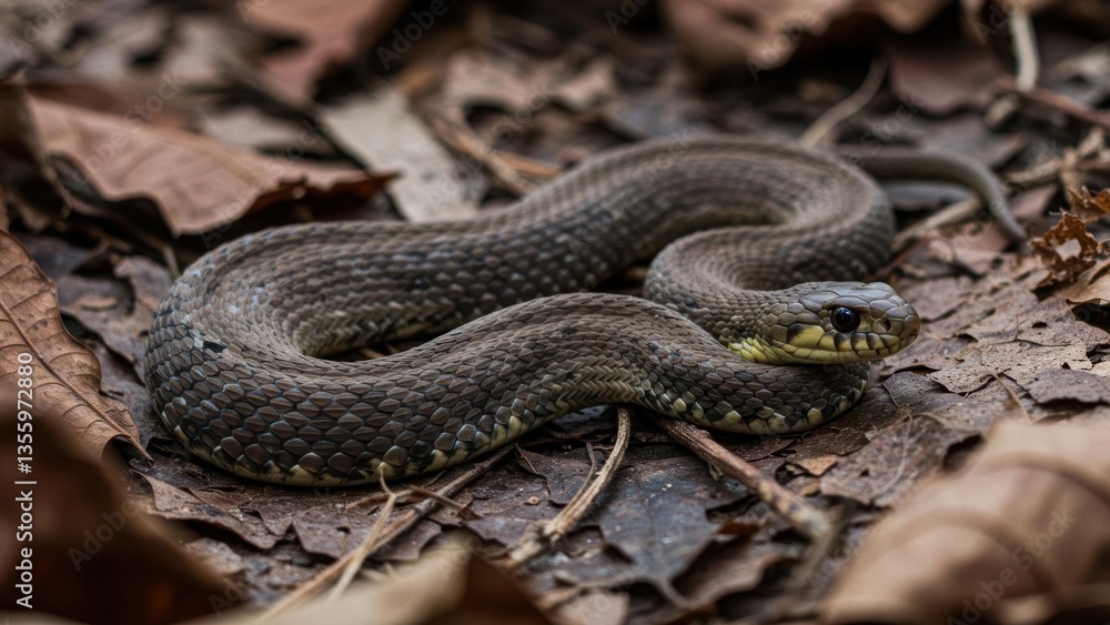 Fototapeta premium Close-up of a snake resting among dried leaves in a natural setting.