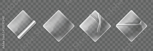 Plastic stickers set isolated on transparent background. Vector realistic illustration of square sticky labels with peeled edge, crumpled surface, light reflection on glossy film, cellophane patch