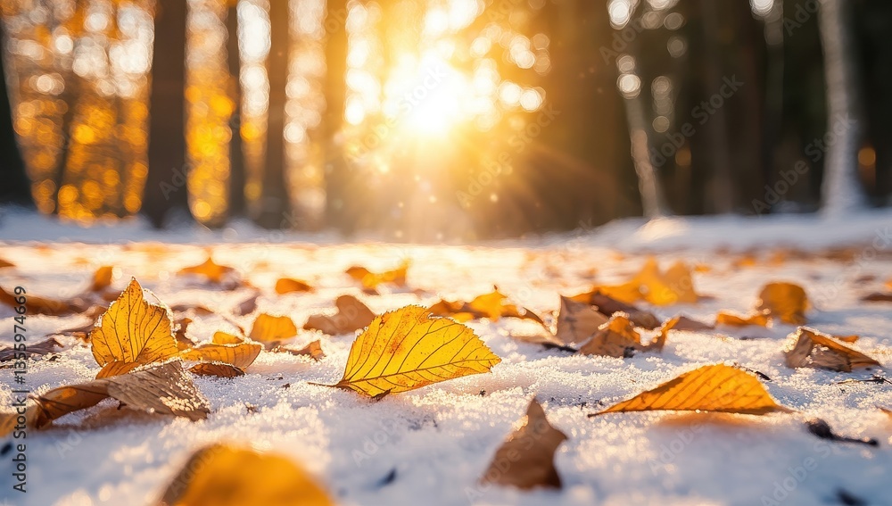 Golden Leaves on Snowy Forest Floor