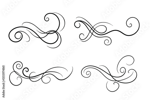 Vintage Filigree Swirls, calligraphy font style Decorative Elements, Text Ornaments curly thin line swings swashes, Flourishes Swirls, text divider, flourish Swirl ornament stroke, scroll design