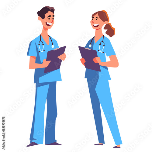 Cheerful male and female healthcare professionals in blue scrubs with stethoscopes holding clipboards against white background, depicting hospital teamwork.
