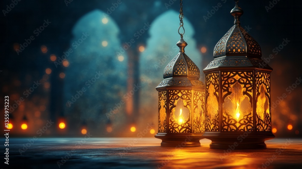 Fototapeta premium Ornate lanterns glow warmly in a softly lit interior scene