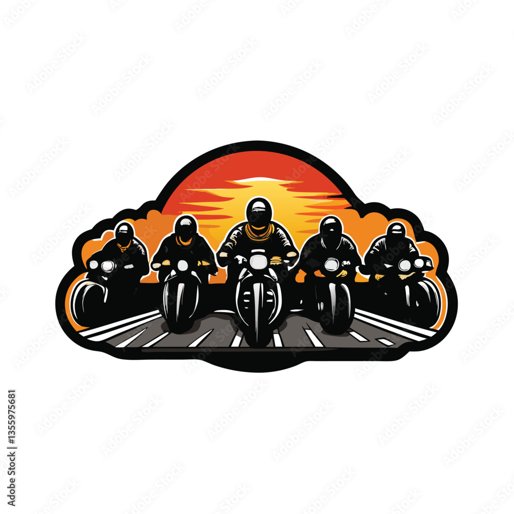 Create a vibrant vector illustration of twenty bikers riding together, showcasing diverse styles and bikes. Focus on dynamic movement and detailed biker attire. Create a vibrant vector illustration of twenty bikers riding together, showcasing diverse styles and bikes. Focus on dynamic movement and detailed biker attire.