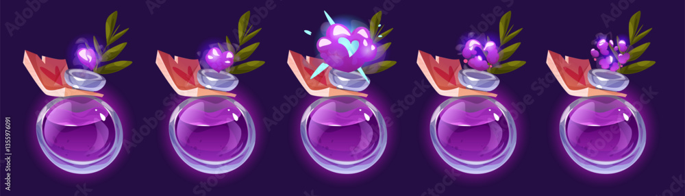 Fototapeta premium Magic potion bottles with glowing purple liquid, green leaves branch. Glass flasks for elixir or perfume, sprite sheet with smoke cloud puff animation frames. Fantasy rpg game or gui element.