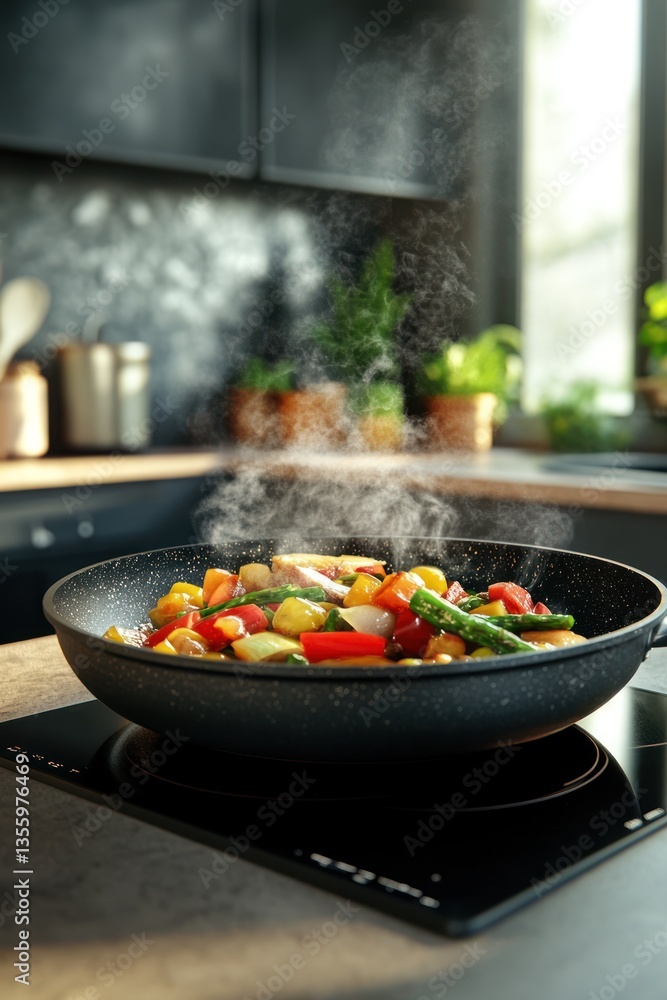 Frying Vegetables in a Modern Kitchen. Steam rising from a pan of colorful vegetables on a stovetop Frying Vegetables in a Modern Kitchen. Steam rising from a pan of colorful vegetables on a stovetop