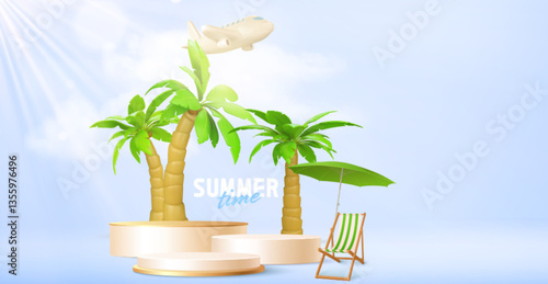 3d realistic summer time vector illustration with wooden podium display, tropical palm trees, blue sky, beach umbrella and lounge chair. Product showcase scene for advertising design in cartoon style.