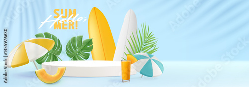 Summer vacation concept in 3d realistic design. Striped beach umbrellas, surfboards, tropical palm monstera leaves, fruit and cocktail on blue background. White product display podium banner.