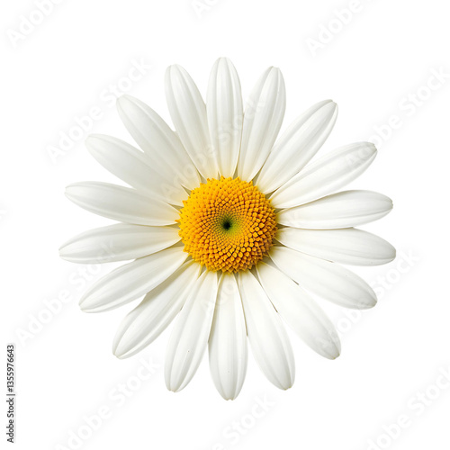 A single, pristine white daisy flower with a bright yellow center, isolated on a transparent background. Perfect for purity, simplicity, or nature-themed designs.