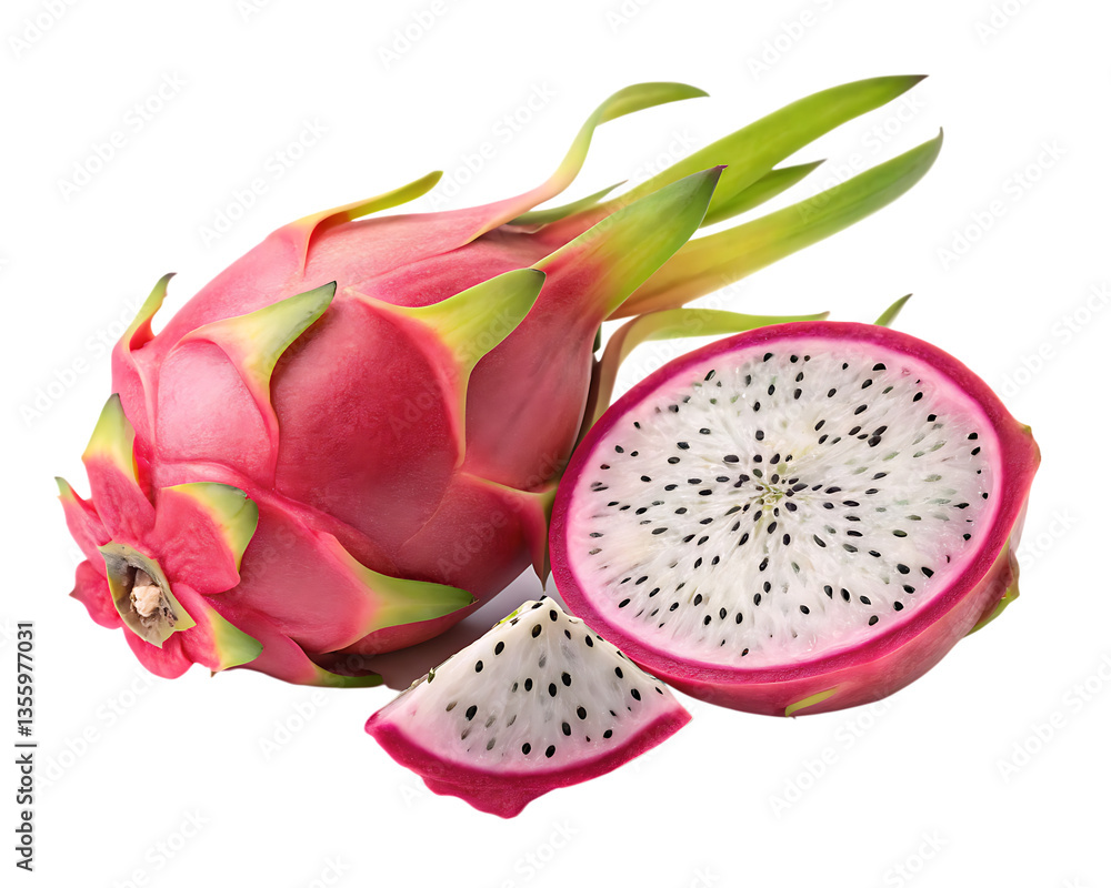 Dragon Fruit with Sliced Piece – Isolated on White Background as Transparent. PNG. AI GENERATED Dragon Fruit with Sliced Piece – Isolated on White Background as Transparent. PNG. AI GENERATED