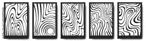 Abstract zebra pattern collection - optical illusion stripes, wavy lines, twisted curves, psychedelic swirls. Black and white warped background for cover, poster, banner design. Hypnotic textures pack