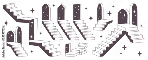 Retro stairs collection - stone steps, spiral staircases, arched passages with stars. Straight, winding ladders architecture design elements. Vector vintage building interior illustrations set.