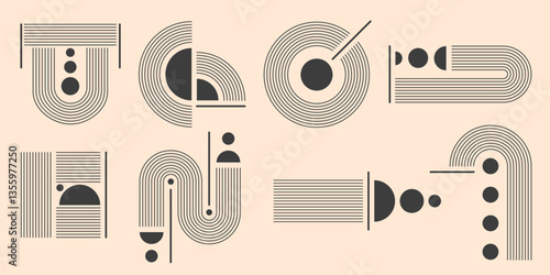 Mid century modern arch shapes - abstract geometric elements with lines, curves, circles. Minimal retro graphic design kit, vintage silhouettes, architectural details. Black linear vector set.
