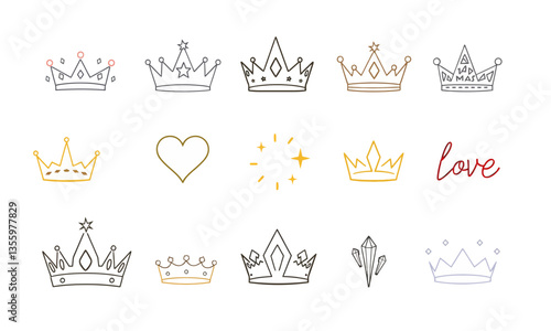 Crown illustrations in various styles, including simple, ornate, and heart designs, evoke sense of royalty and elegance, perfect for creative projects