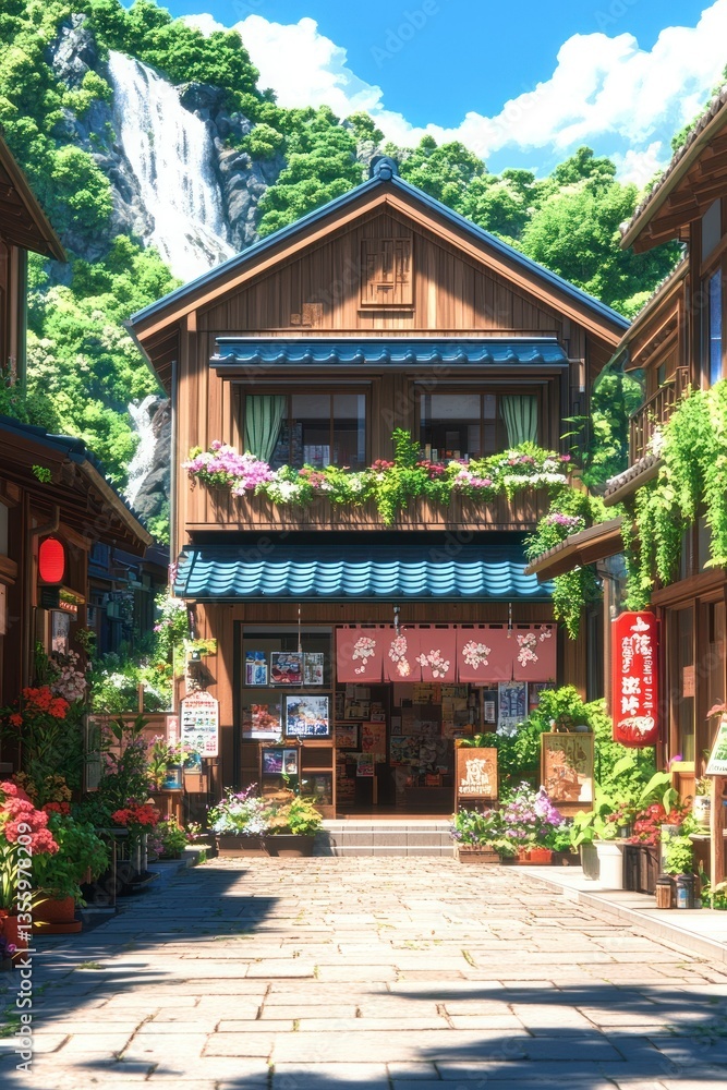 Quaint wooden shop nestled in a lush mountain village Quaint wooden shop nestled in a lush mountain village