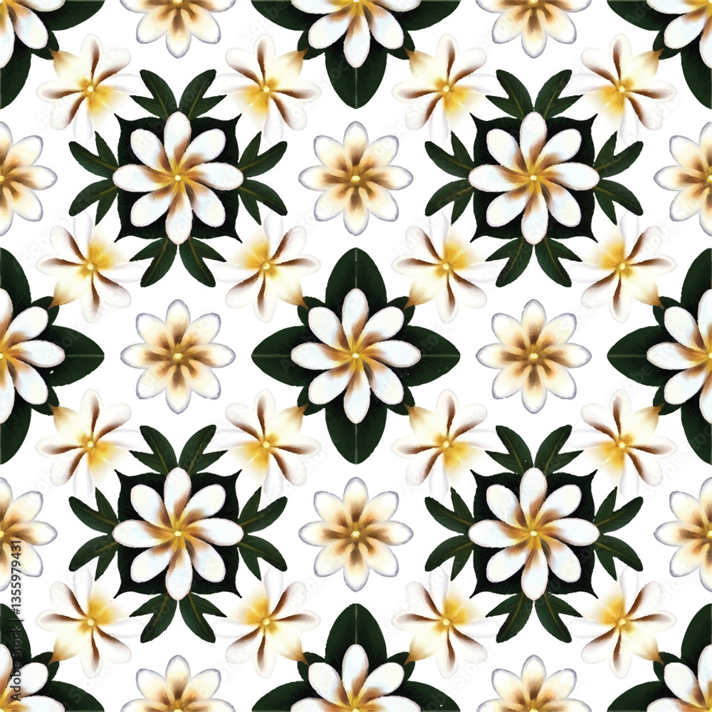 A seamless pattern of jasmine having white petals with a yellow center flowers in circular pattern on white background. 