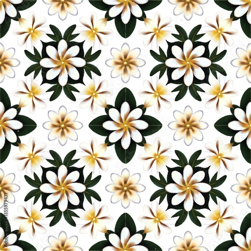 Wallpaper Mural A seamless pattern of jasmine having white petals with a yellow center flowers in circular pattern on white background.  Torontodigital.ca