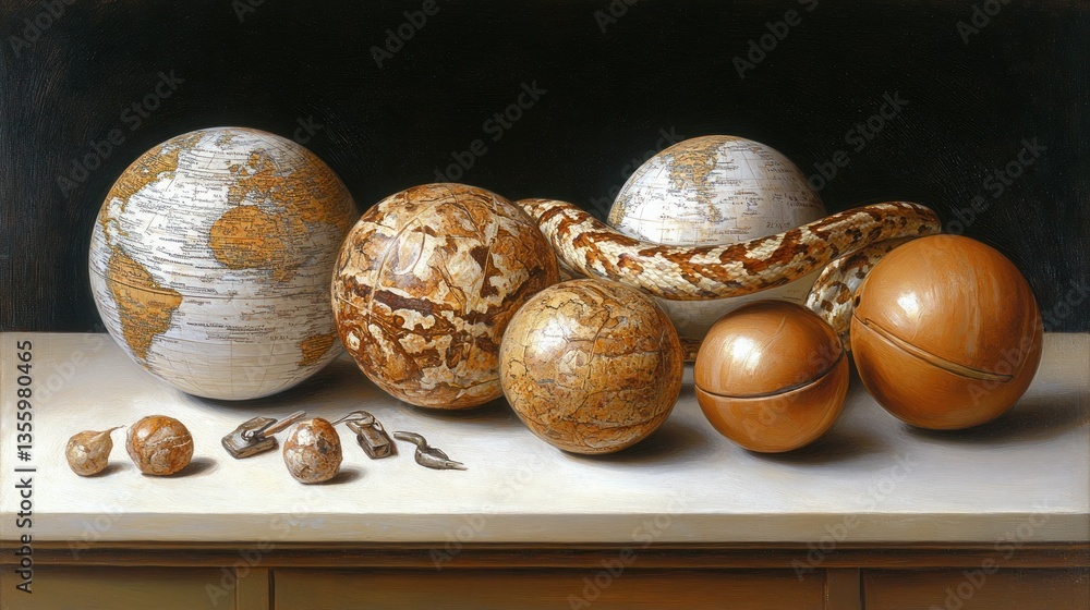 Still life of globes and exotic objects on a table Still life of globes and exotic objects on a table