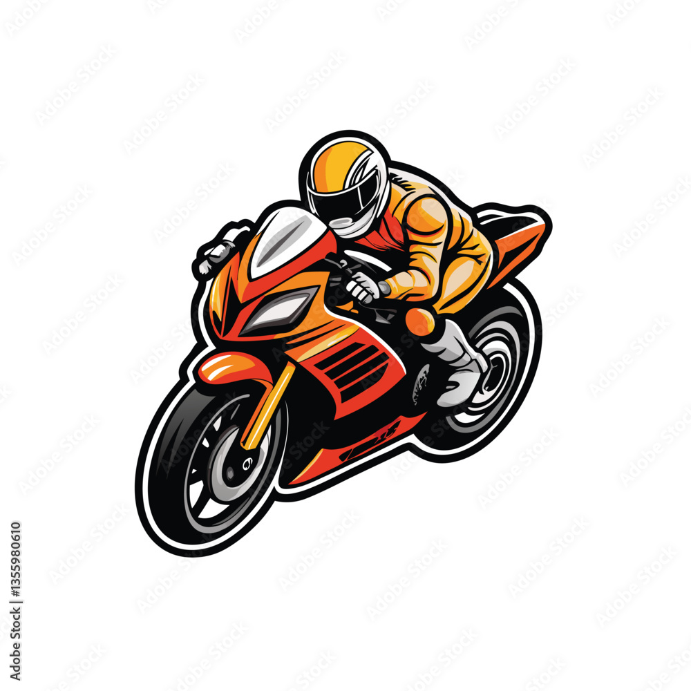 Create a vector illustration of a stylish sportbike, rider included, showcasing sleek lines and dynamic motion. High detail, vibrant colors. Create a vector illustration of a stylish sportbike, rider included, showcasing sleek lines and dynamic motion. High detail, vibrant colors.