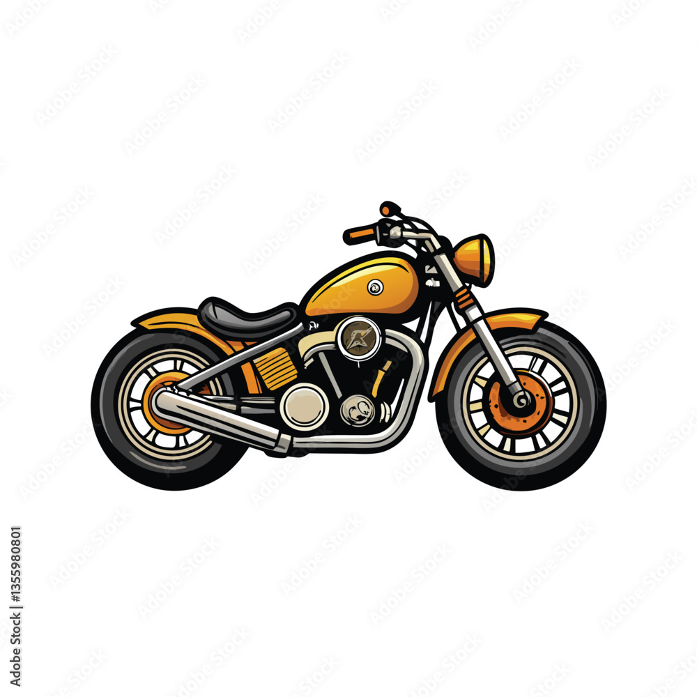 Create a detailed vector illustration of a customized bobber motorcycle, showcasing its unique design elements and mechanical details. Focus on clean lines and a polished aesthetic. Create a detailed vector illustration of a customized bobber motorcycle, showcasing its unique design elements and mechanical details. Focus on clean lines and a polished aesthetic.