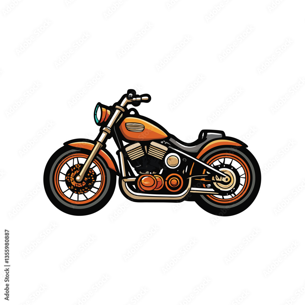Create a detailed vector illustration of a customized bobber motorcycle, showcasing its unique design elements and mechanical details. Include high-resolution textures and realistic lighting. Create a detailed vector illustration of a customized bobber motorcycle, showcasing its unique design elements and mechanical details. Include high-resolution textures and realistic lighting.