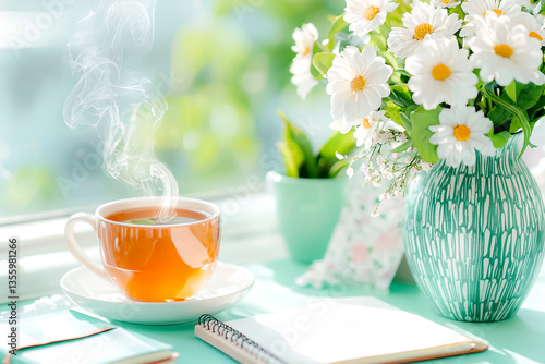 Wallpaper Mural Serene Morning Scene with Steaming Cup of Tea and Fresh Daisies in Sunlit Room Torontodigital.ca