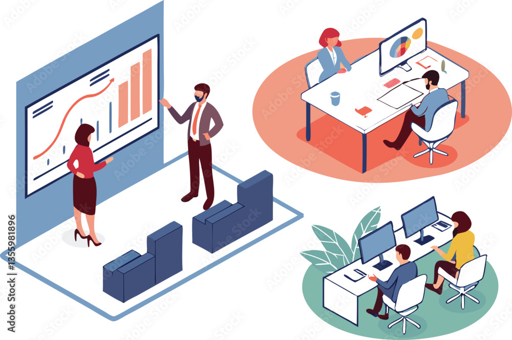 Business illustration concept. Set of Vector Collection of scenes with men and women taking part in business activities. Business illustration concept. Set of Vector Collection of scenes with men and women taking part in business activities.