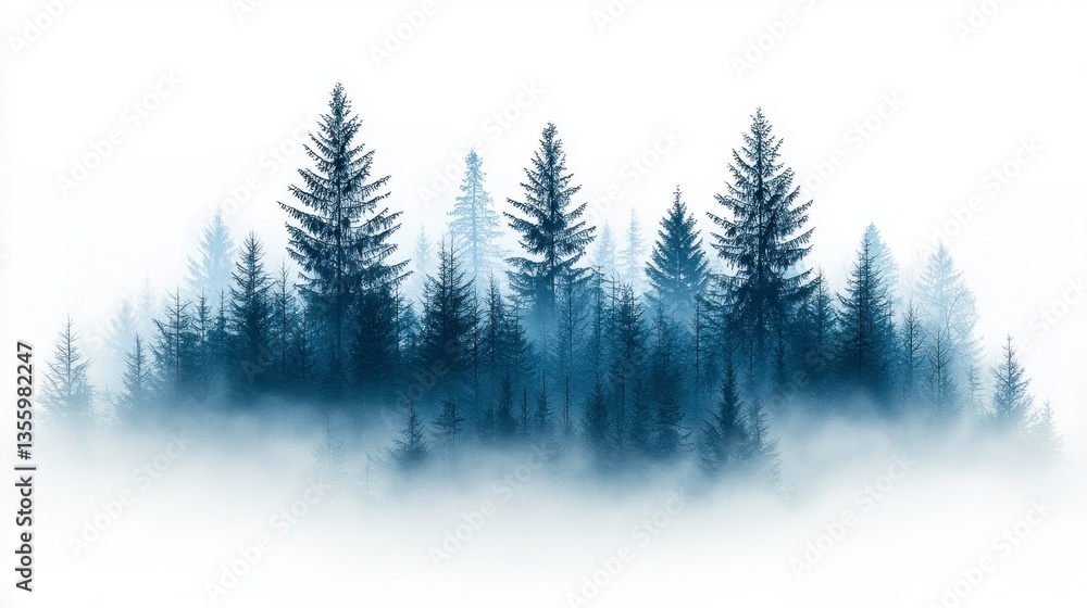 Fototapeta premium Misty Blue Forest Landscape Silhouette of Pine Trees in Winter Fog
