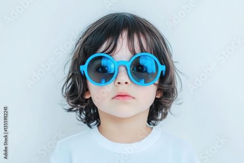 Wallpaper Mural A young child with dark hair wearing oversized, bright blue round sunglasses against a light background. Torontodigital.ca