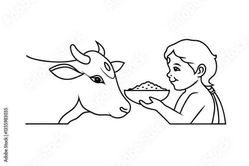 Child Feeding Cow, Line Art, Bowl of Food, Animal Care, Hindu Culture, Sacred Cow, Black and White I