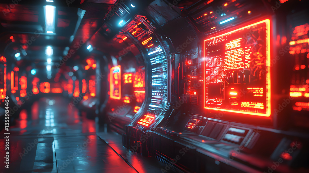 A futuristic hallway with red and blue neon lights creating a sci-fi atmosphere. This image is suitable for sci-fi game backgrounds or futuristic design projects. A futuristic hallway with red and blue neon lights creating a sci-fi atmosphere. This image is suitable for sci-fi game backgrounds or futuristic design projects.