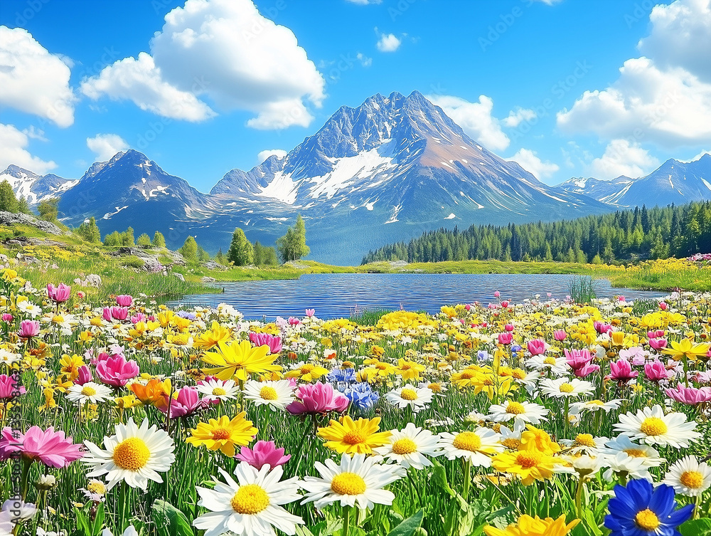 Fototapeta premium Peaceful postcard: blooming flowers in a picturesque natural setting.