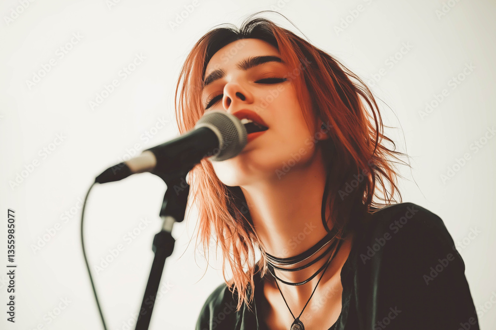 Beautiful female singer woman singing into microphone. Isolated on white studio background Beautiful female singer woman singing into microphone. Isolated on white studio background