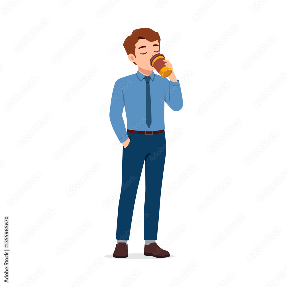 Man Drinking Coffee with Hand in Pocket Isolated on White Background Full Body Illustration Man Drinking Coffee with Hand in Pocket Isolated on White Background Full Body Illustration