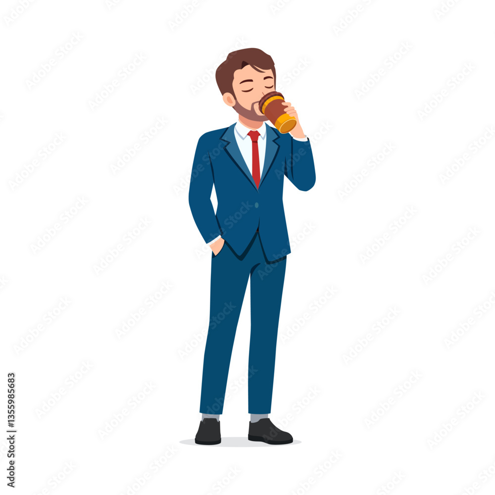 Businessman in a suit drinking coffee standing with hand in pocket, confident Businessman in a suit drinking coffee standing with hand in pocket, confident