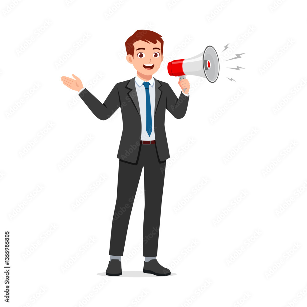 Cartoon Businessman Speaking Through Megaphone with Cheerful Expression, Communication Illustration Cartoon Businessman Speaking Through Megaphone with Cheerful Expression, Communication Illustration