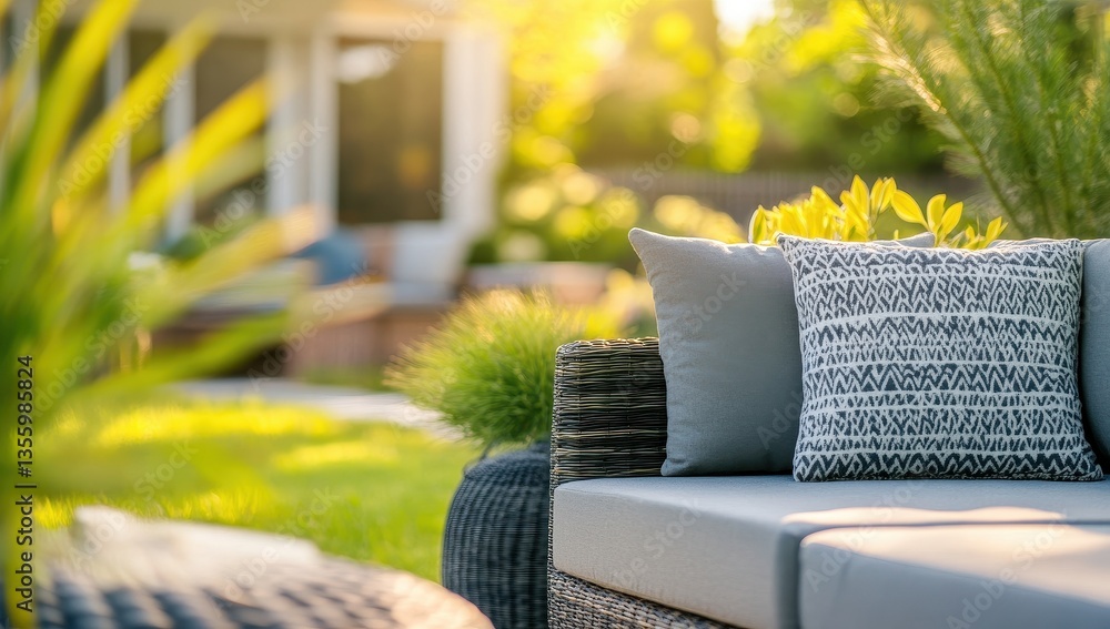 Stylish Outdoor Sofa with Cushions in a Sunny Garden