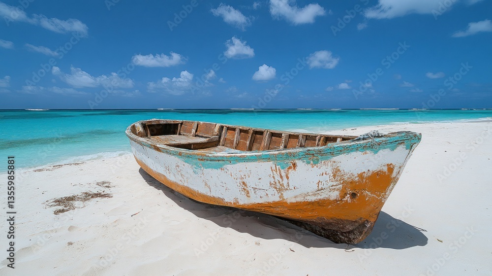 Wooden fishing boat on a pristine white sand beach, turquoise water and a clear sky Wooden fishing boat on a pristine white sand beach, turquoise water and a clear sky