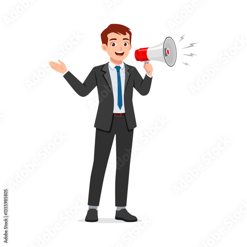 Cartoon Businessman Speaking Through Megaphone with Cheerful Expression, Communication Illustration