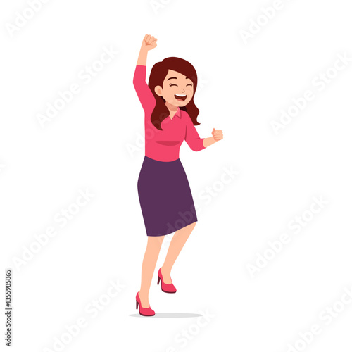 Excited young woman in formal wear jumping in joy with arm raised, celebrating success