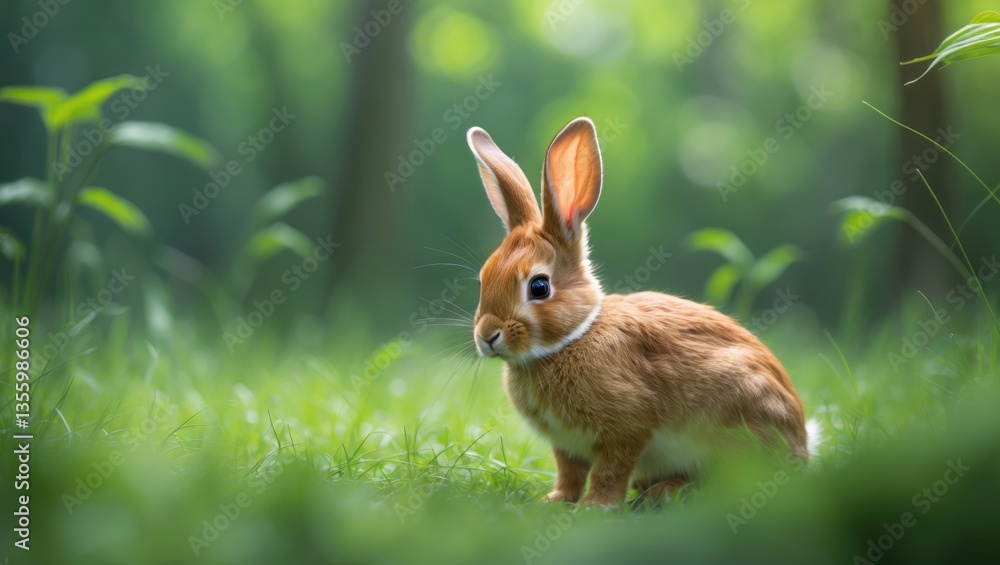 A wild orange bunny with large ears in a lush green forest. A wild orange bunny with large ears in a lush green forest.