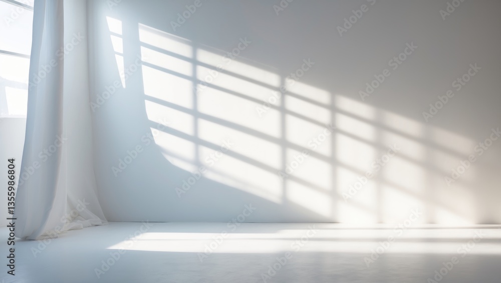 Fototapeta premium Abstract white studio backdrop for product showcase. Wall featuring shadows from a window. Present product with a blurred background.