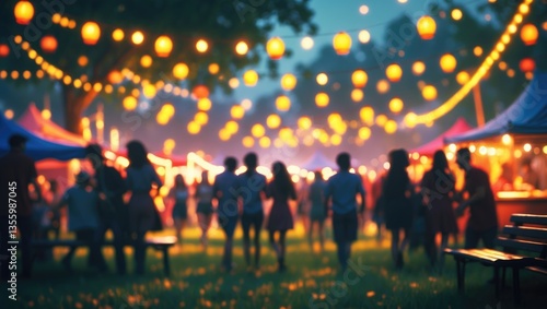 Abstract blurred individuals at an outdoor festival in a park with a bokeh background.