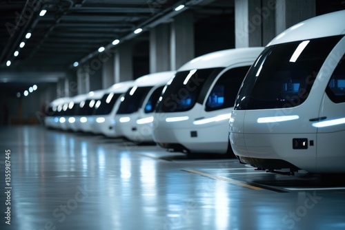 A row of sleek, white autonomous vehicles parked in a modern underground garage.